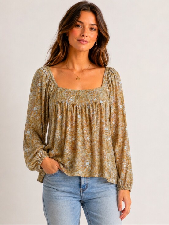 Lucky Brand Tops - Lucky Brand Mustard Floral Smocked Square-Neck Blouse